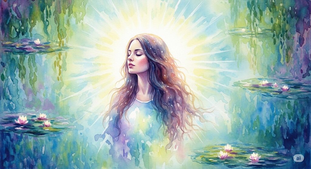 波動が高い状態を示す、光のオーラを放つ人物の神秘的な水彩画。肌が吸い付くスピリチュアルな感覚を象徴するイメージ。