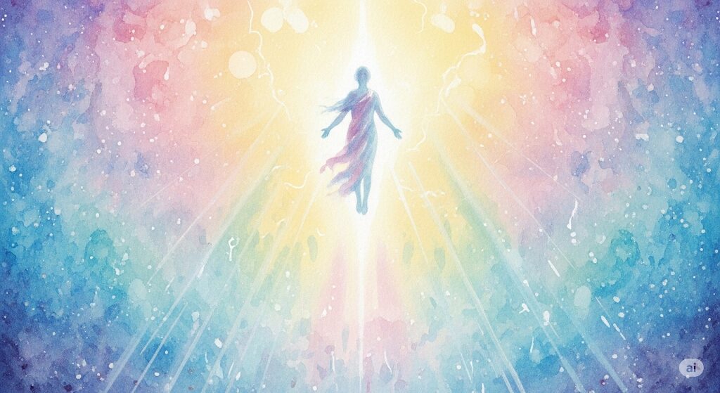 魂レベルが向上している様子を描いた、光に包まれて魂が上昇していく神秘的な水彩画。肌が吸い付くスピリチュアルな感覚と関連するイメージ。
