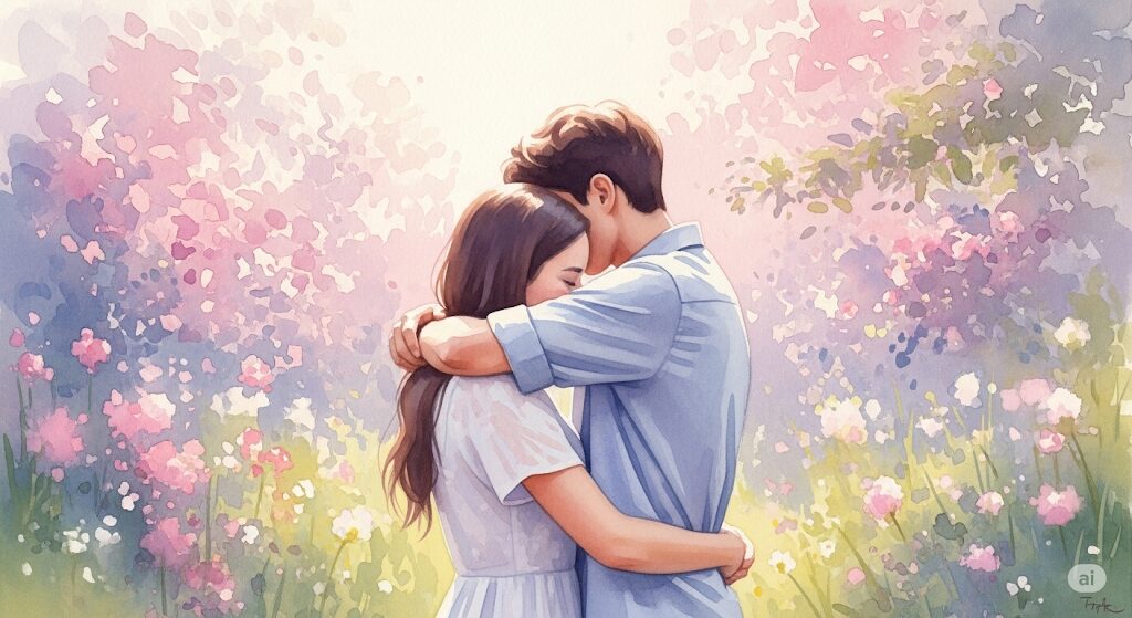 これからの恋愛がうまくいく暗示を象徴する、抱き合うカップルの神秘的な水彩画。肌が吸い付くスピリチュアルな感覚と関連するイメージ。