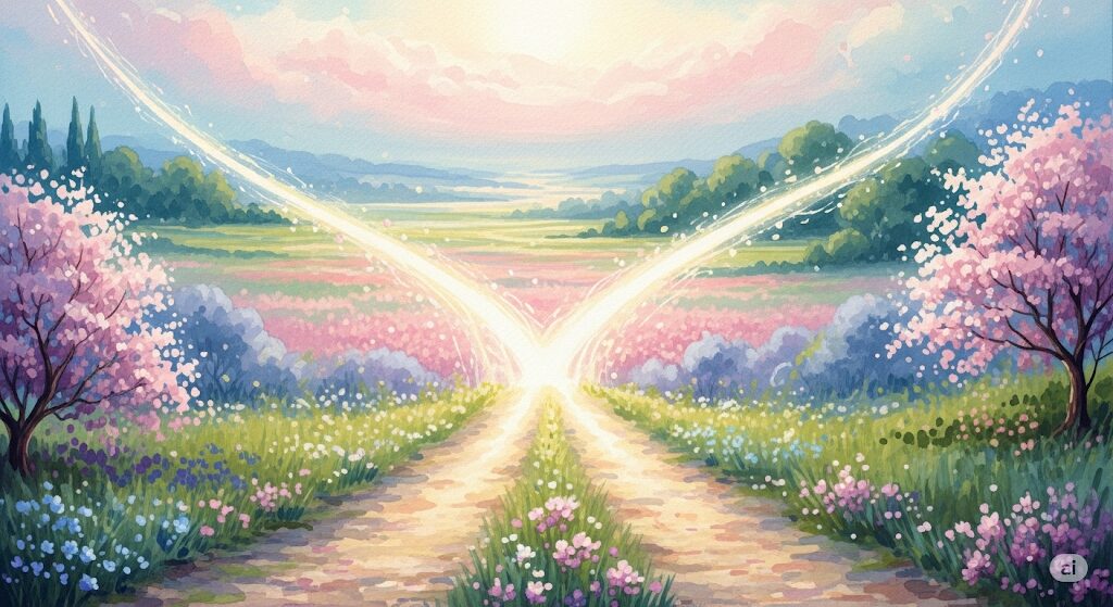 もうすぐ運命の人に出会えることを象徴する、光の道が一つに交わる美しい風景の水彩画。肌が吸い付くスピリチュアルな感覚と関連するイメージ。