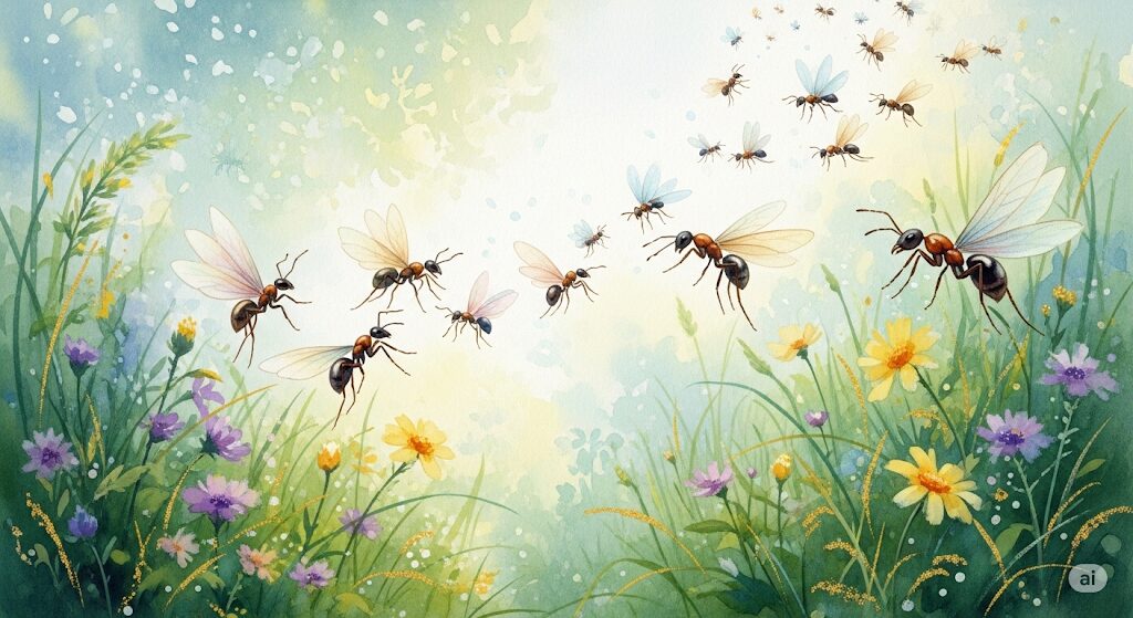 幸運のサインとして現れた羽アリのスピリチュアルな風景画。モネ風のタッチで描かれた花畑の上を群れが飛んでいる。