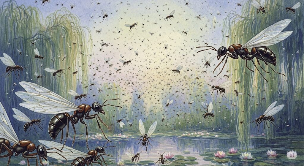 大量発生した羽アリのスピリチュアルな光景を描いたアート。モネ風の幻想的な水辺で、空を覆うほどの群れが飛ぶ。