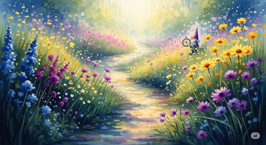 無くしたものが見つかるスピリチュアルなジンクスをテーマに、コンパスを持つノームが花の咲く小道を案内するファンタジックな水彩画。