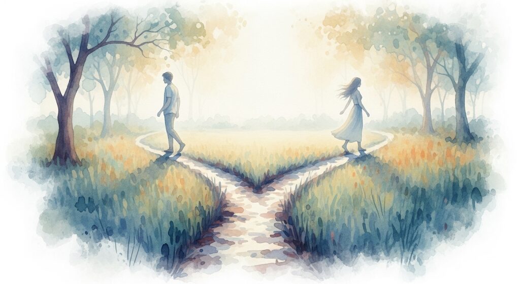 足の指がポロッと取れる夢が暗示する恋愛の行方。別々の道へ進む男女の姿を描いた切ない水彩画