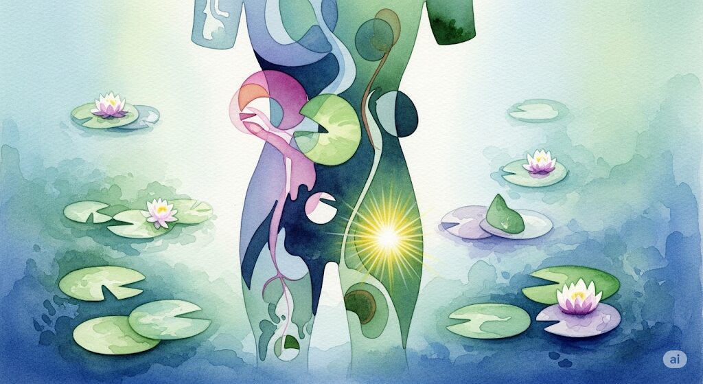 足の指がポロッと取れる夢と健康。生活習慣が体に与える影響を、蓮と人体のイメージで描いた神秘的な水彩画