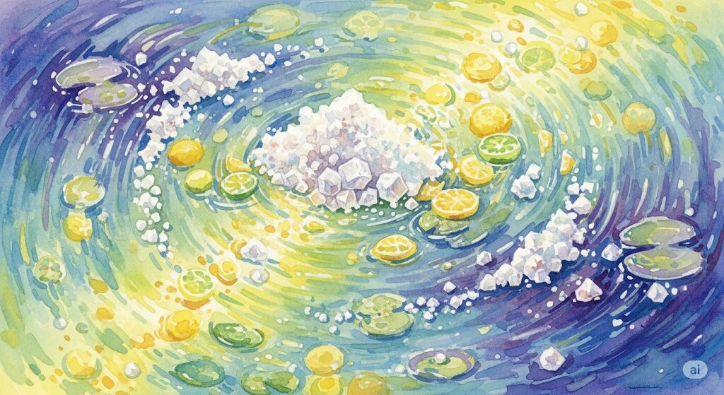 梅干しが食べたくなるスピリチュアルな理由である浄化を象徴する、塩と酸っぱいものが渦を巻く水彩画。