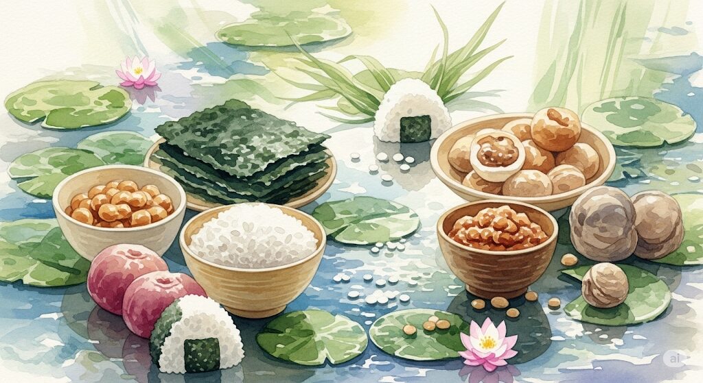 梅干しが食べたくなるスピリチュアルな背景にある、魂が求める日本の伝統的な守りの食べ物を描いた水彩画。