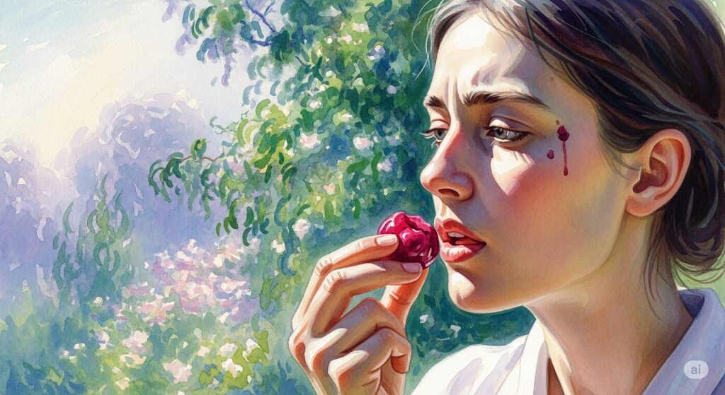 梅干しが食べたくなるスピリチュアルな欲求に従う際の注意点を、慎重な表情で梅を口にする人物で描いた水彩画。