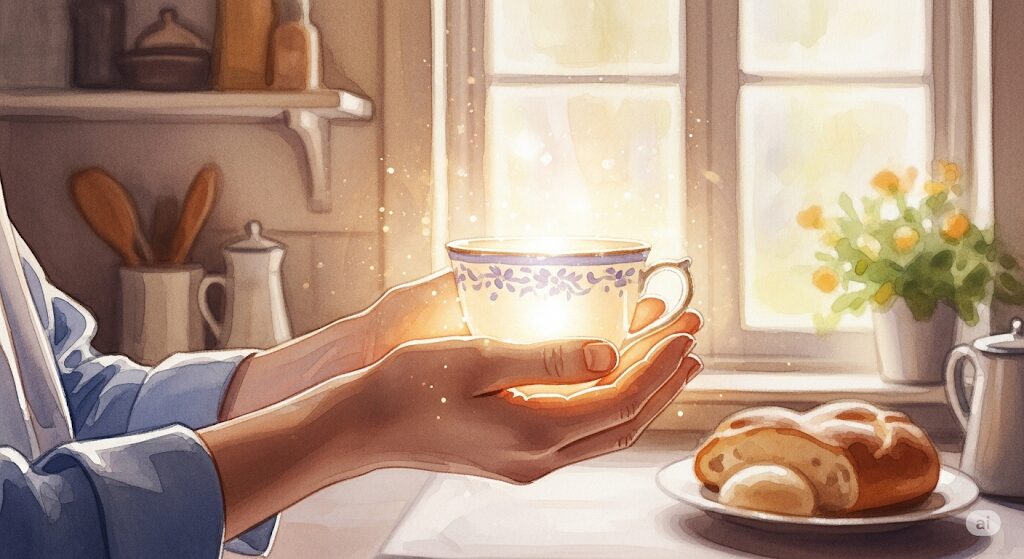 「つまらない時」こそスピリチュアルな感謝を。日常の当たり前に感謝する心を、温かい光を放つカップを手に持つモネ風の絵で表現。