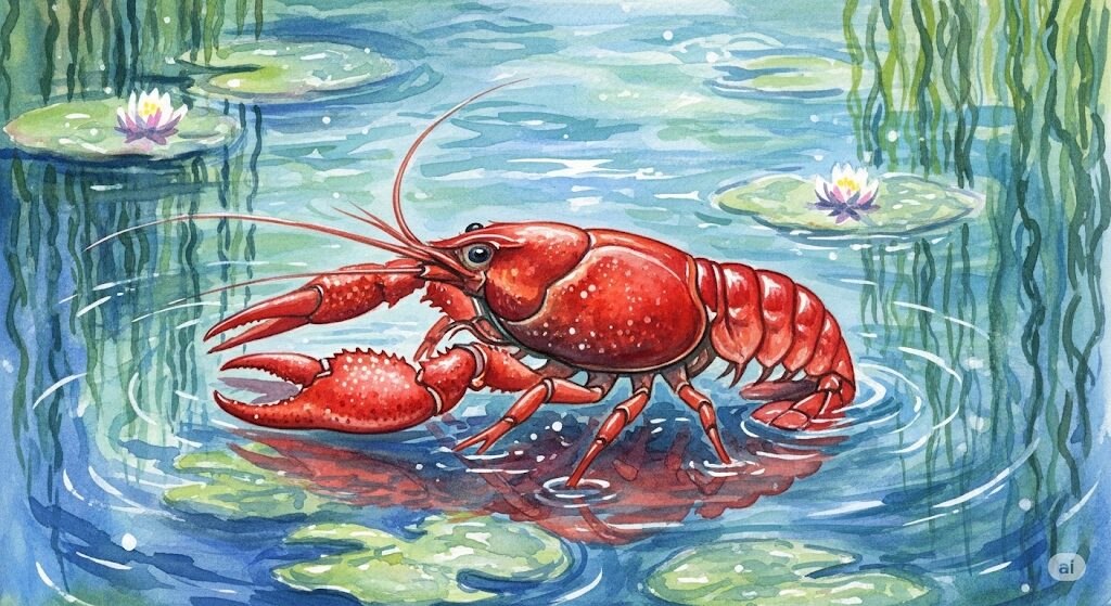 幸運の象徴である赤いザリガニのスピリチュアルな意味。蓮の葉の上で力強く佇む水彩画。