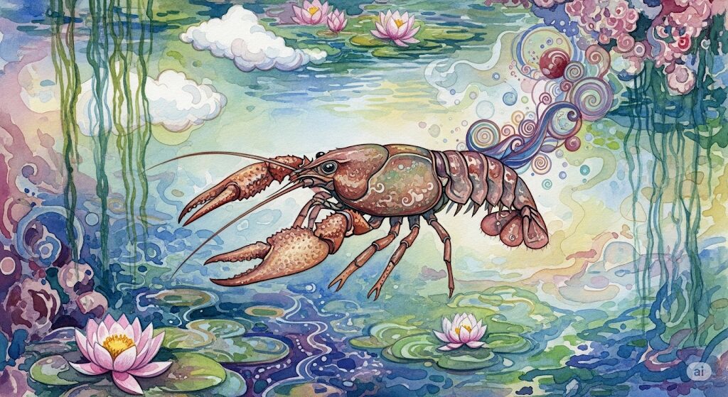 夢占いをテーマに、ザリガニが伝えるスピリチュアルな意味を幻想的なタッチで描いたアート作品。
