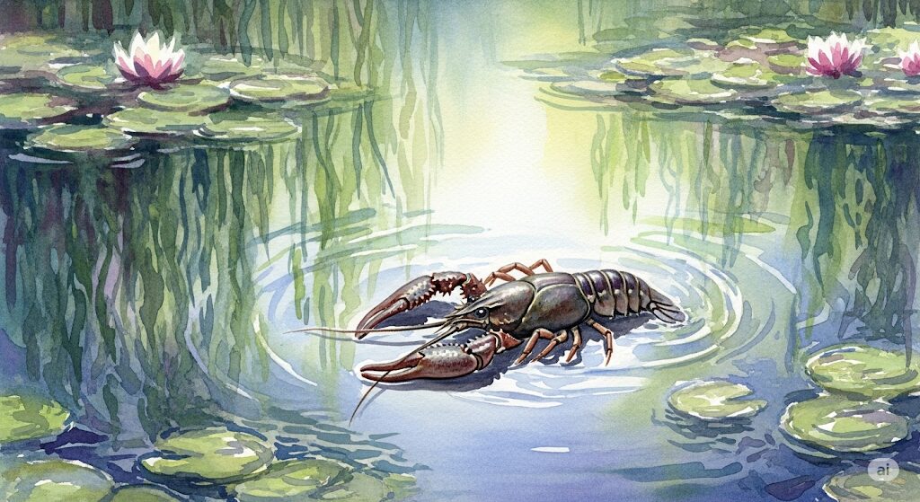 静かな水辺に横たわるザリガニの死骸が暗示する転換期。終わりと始まりのスピリチュアルな意味を込めたイラスト。