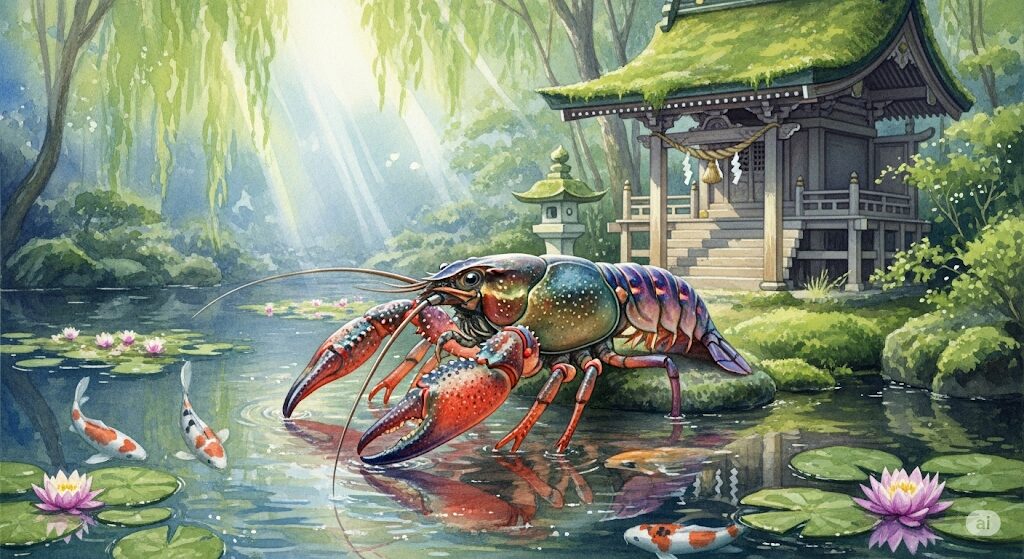 神社の池で遭遇したザリガニ。神聖な場所で出会うことの特別なスピリチュアルな意味を込めた水彩画。