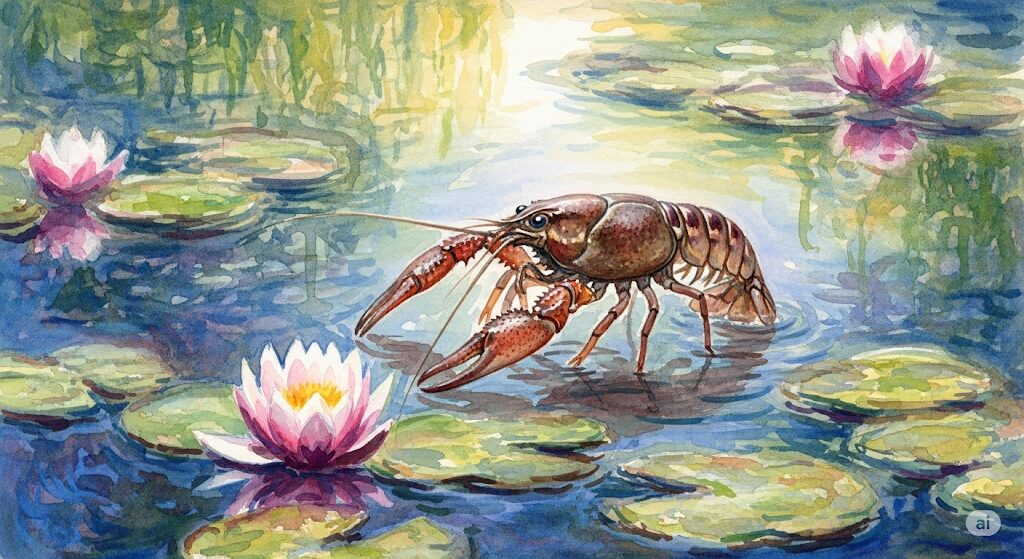 恋愛運の上昇を示すザリガニのスピリチュアルな意味。蓮の花が咲くロマンチックな雰囲気のイラスト。