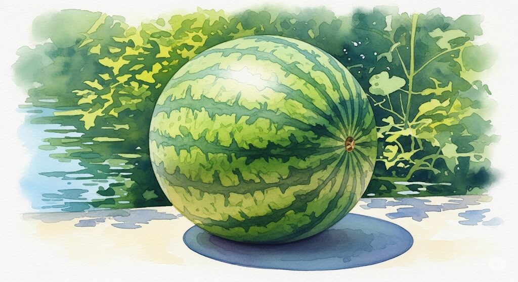 幸運を呼ぶ夏の風物詩としてのスイカのスピリチュアルな意味を描いた水彩画。緑豊かな庭を背景に、瑞々しいスイカが置かれ、繁栄や豊かさを象徴。