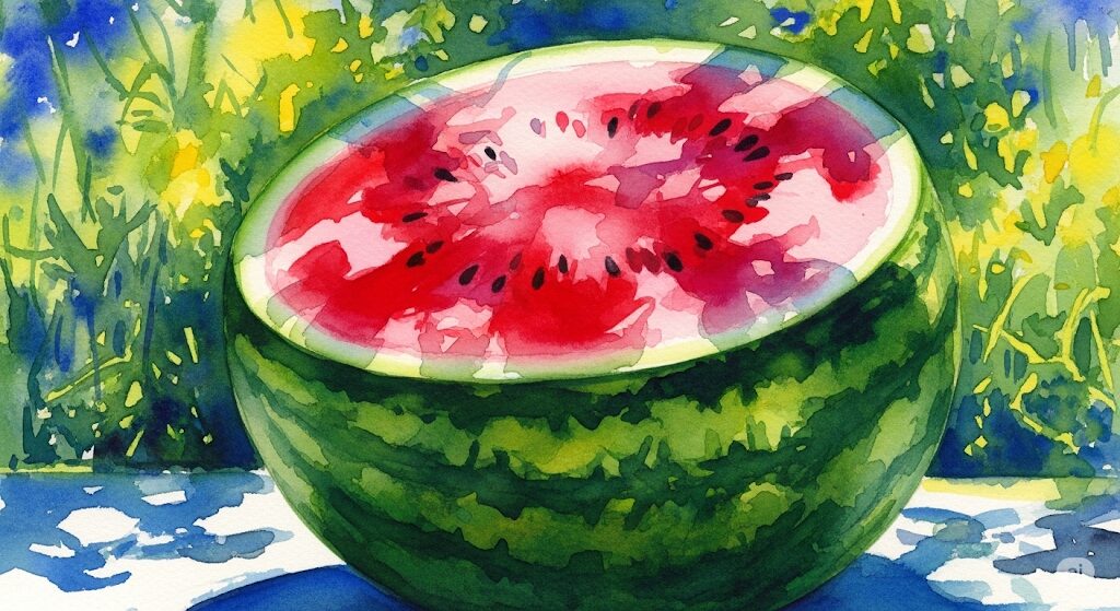 生命力を高める夏のエネルギーとスイカのスピリチュアルな意味を描いた水彩画。太陽の光を浴びた鮮やかな赤い果肉が、活力と情熱を象徴している。