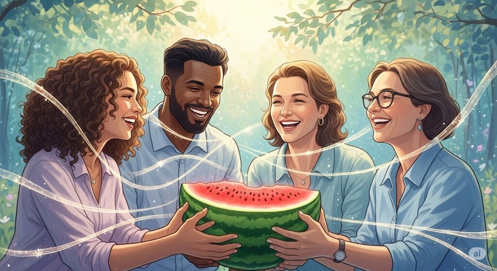 縁結びのご利益があるスイカのスピリチュアルな意味を描いた水彩画。友人たちがスイカを囲み、光の帯で結ばれる様子が円満な人間関係を象徴する。
