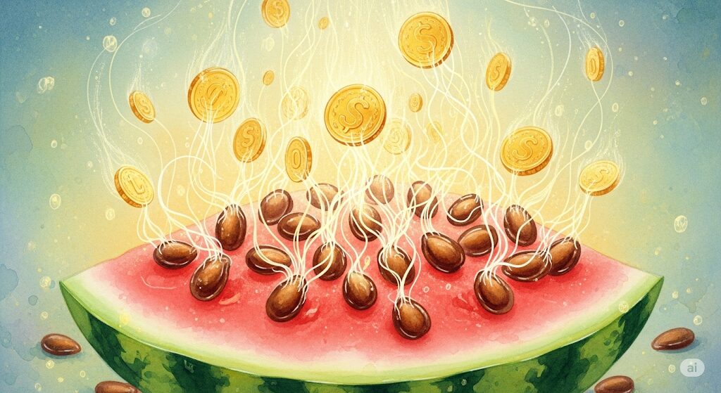 金運上昇のパワーを秘めたスイカのスピリチュアルな意味を表す水彩画。スイカの種が光り輝く金貨に変わる様子が、豊かさと繁栄の象徴であることを示す。