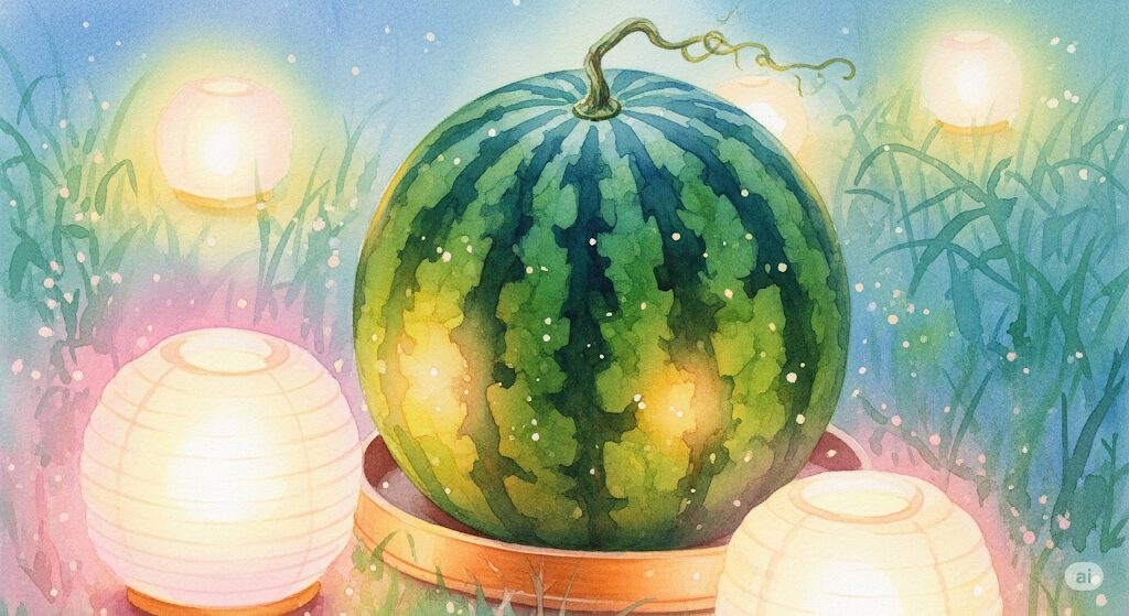 お盆にお供えするスイカのスピリチュアルな意味を表現した水彩画。提灯の灯りに照らされた静かな空間に置かれたスイカが、ご先祖様への感謝と敬意を象徴。