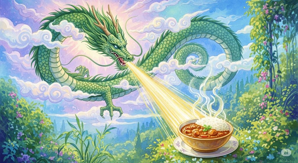 カレーが食べたくなるのは龍神からのスピリチュアルなエネルギー補給のサイン。モネ風の絵で、龍がカレーに力を送っている。
