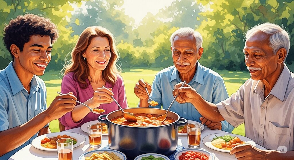 カレーが食べたくなるのは人間関係が好転するスピリチュアルなサイン。様々な人たちが食卓でカレーを囲み、調和している様子の水彩画。