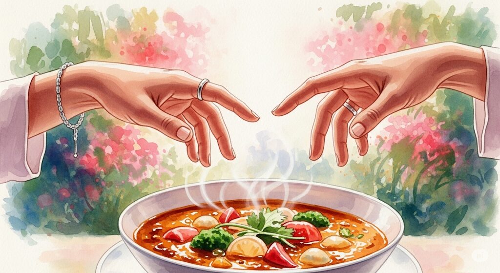 カレーが食べたくなるのは恋愛を引き寄せるスピリチュアルなエネルギーの表れ。カレーを挟んで男女の手が触れ合おうとしているロマンチックな絵。