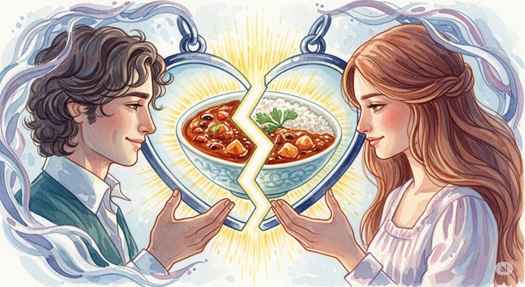 カレーが食べたくなるのは運命の相手ツインレイとの出会いが近いスピリチュアルなサイン。男女が持つハートのロケットの中にカレーが描かれている絵。