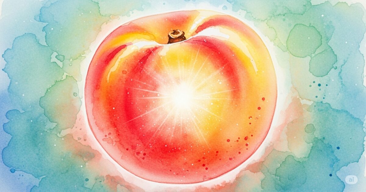 中央で明るく輝く桃を描いた神秘的な水彩画。桃が食べたくなるスピリチュアルなサインやエネルギーを象徴する一枚。