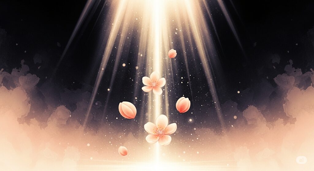 暗闇を祓うように上から光が差し込み、桃の花びらが舞う水彩画。桃が食べたくなるのはスピリチュアルな邪気払いが進んでいるサインであることをイメージ。