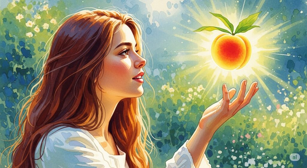 光り輝く桃に女性が手を伸ばしている様子を描いた水彩画。人生が良い方向へ向かう時、好転反応として桃が食べたくなるスピリチュアルな状況を象徴。