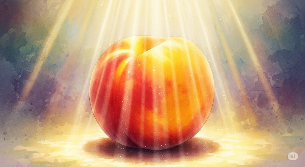 天から神々しい光が差し、一つの桃を照らしている水彩画。桃が食べたくなるのは、神様からのスピリチュアルなメッセージであるという概念を表現。