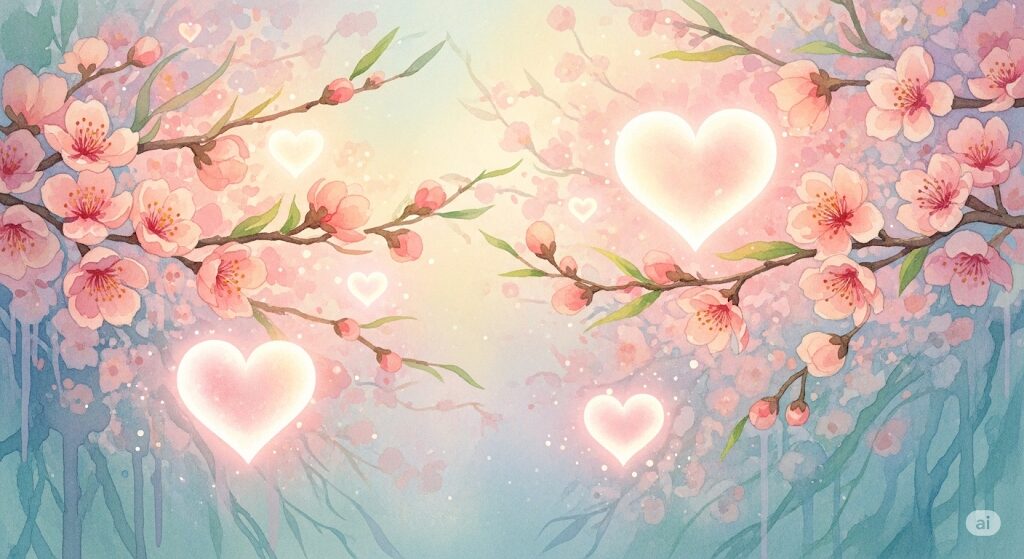 桃の花と光るハートが舞うロマンチックな水彩画。桃が食べたくなるのは、恋愛運アップのスピリチュアルなサインであることを表現。