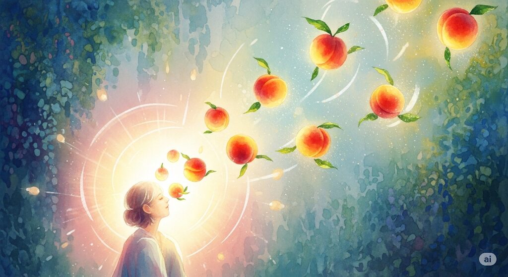 輝くオーラを放つ人物が光る桃を引き寄せている水彩画。運気上昇のサインとして桃が食べたくなるスピリチュアルな引き寄せ効果をイメージ。