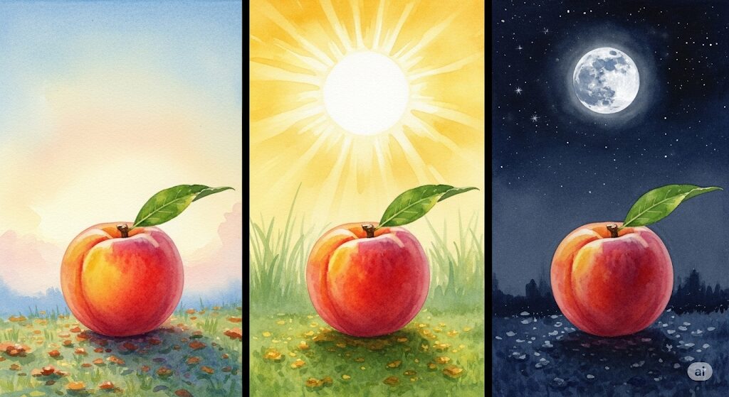 朝・昼・夜の光を浴びる桃を描いた3枚組の水彩画。桃が食べたくなるスピリチュアルな効果を高める最適なタイミングを象徴する一枚。