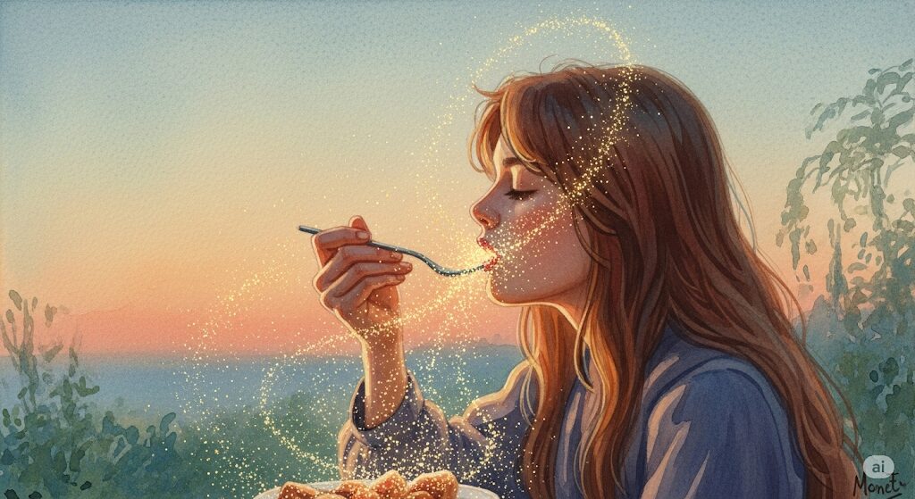 食事をすると金色の光が立ち上り、運気が上昇していく様子を描いた絵。「蕎麦が食べたい」というスピリチュアルな感覚が幸運を呼ぶことを示す。