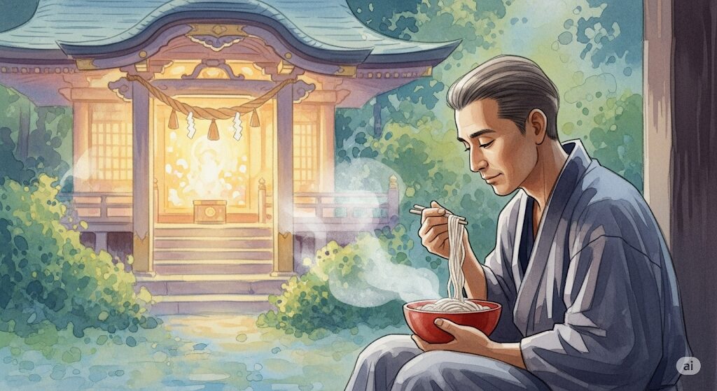 神社の前で静かに蕎麦を食べる人物。神社参拝後の食事はスピリチュアルな効果を高める。「蕎麦が食べたい」という気持ちに応える神聖な時間。