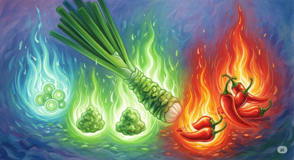 ネギやわさび、唐辛子などの薬味がそれぞれスピリチュアルなオーラを放つ様子。「蕎麦が食べたい」と感じた時に運気をさらに高める薬味の力を描いたアート。