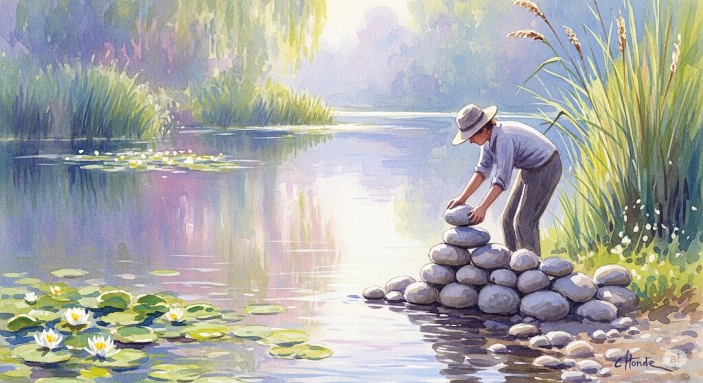 安全確認の重要性を象徴する、モネ風の穏やかな水彩画。川辺で人物が静かに石を積み上げる様子が、火災報知器の誤作動といった予期せぬ事態にも冷静かつ現実的に対処する大切さを示唆しています。