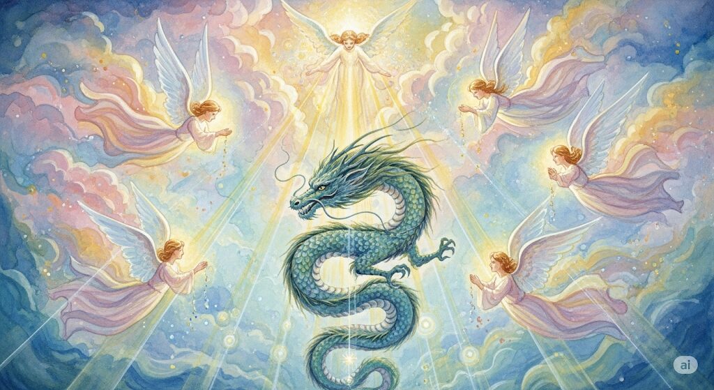 幸運の前兆である龍神や天使からの祝福を、モネ風の神秘的な水彩画で表現。中央に描かれた荘厳な龍と、その周りを舞う天使たちが、火災報知器の誤作動のような出来事が実はスピリチュアルな幸運のサインであることを象徴しています。