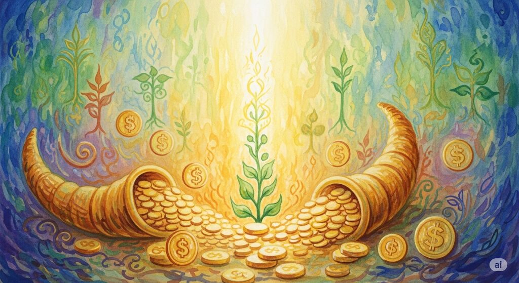 金運上昇を示すスピリチュアルな前兆を、モネ風の神秘的な水彩画で表現。豊かな金貨が溢れ出す角笛(コルヌコピア)と、中央から放たれる黄金の光が、火災報知器の誤作動のような出来事が、実は経済的な豊かさの訪れを告げるサインであることを象徴しています。