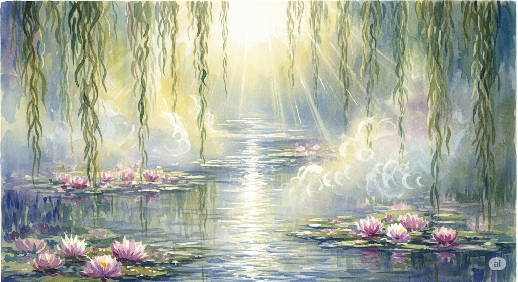 悪い知らせと感じた時のスピリチュアルな対処法を、モネ風の神秘的な水彩画で表現。穏やかな光が差し込む清らかな水辺の風景が、火災報知器の誤作動のような不安なサインを受け取った際に、心を落ち着かせ浄化することの重要性を示唆しています。