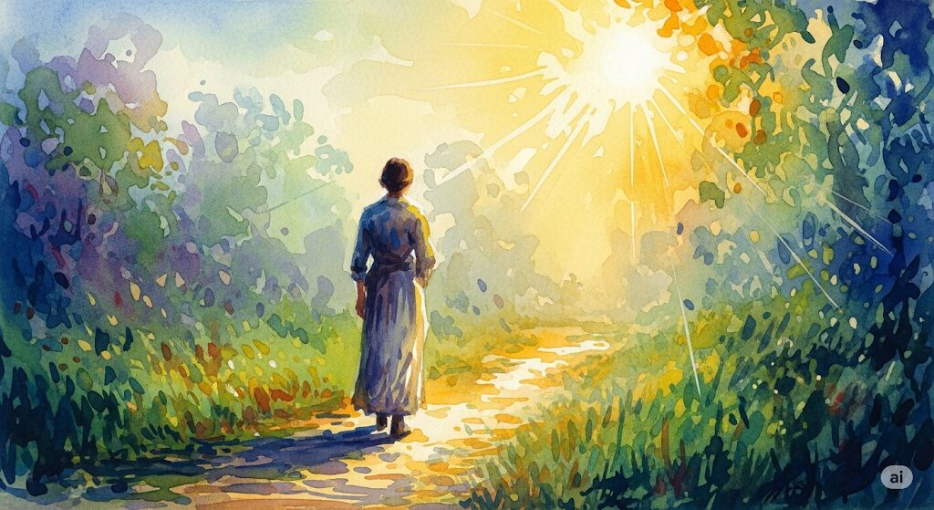 幸運のサインを受け取った後の過ごし方を、モネ風の神秘的な水彩画で表現。光に向かって前進する人物の姿が、火災報知器の誤作動のような幸運のサインを受け取った後に、感謝の気持ちを持って行動することの大切さを示唆しています。