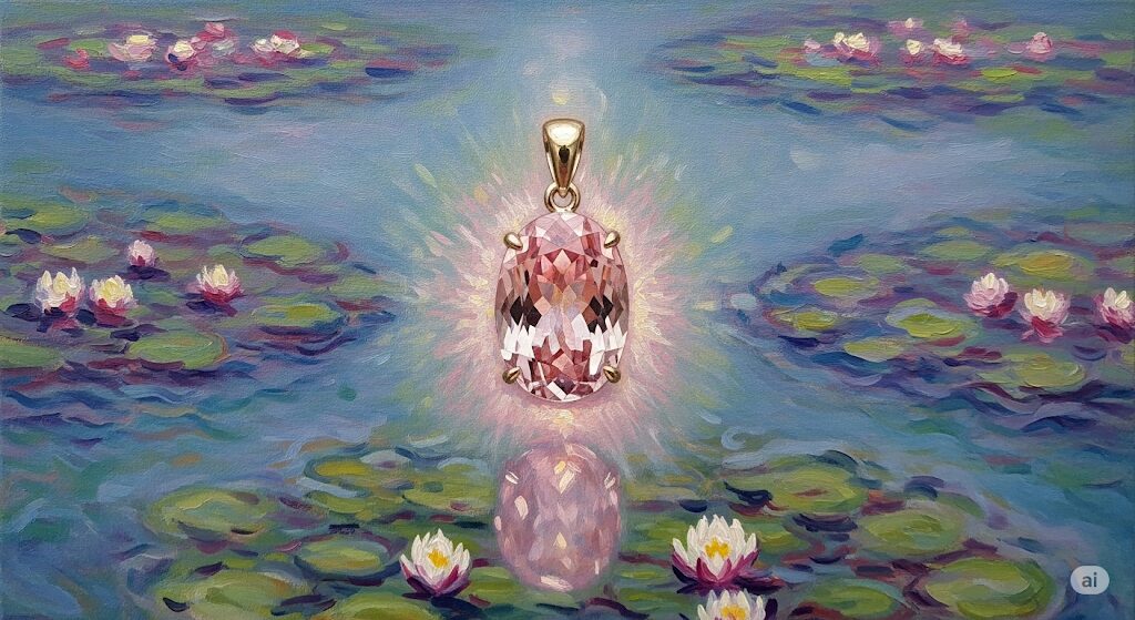 モネ風の神秘的な油絵で描かれたモルガナイトのペンダント。淡いピンク色の宝石が優しく輝き、幻想的な雰囲気を醸し出しています。