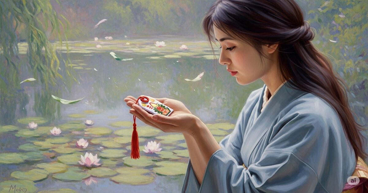 神社で授与される布製のお守り（おまもり）を、神秘的な雰囲気の中で大切に見つめる女性