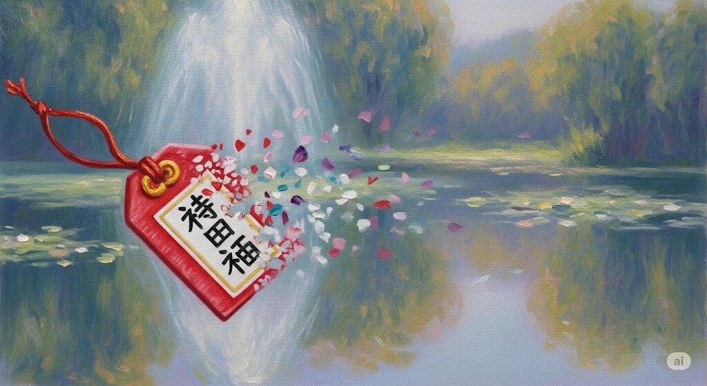 役目を終えて静かに消えていくお守りと、感謝を象徴する穏やかな情景