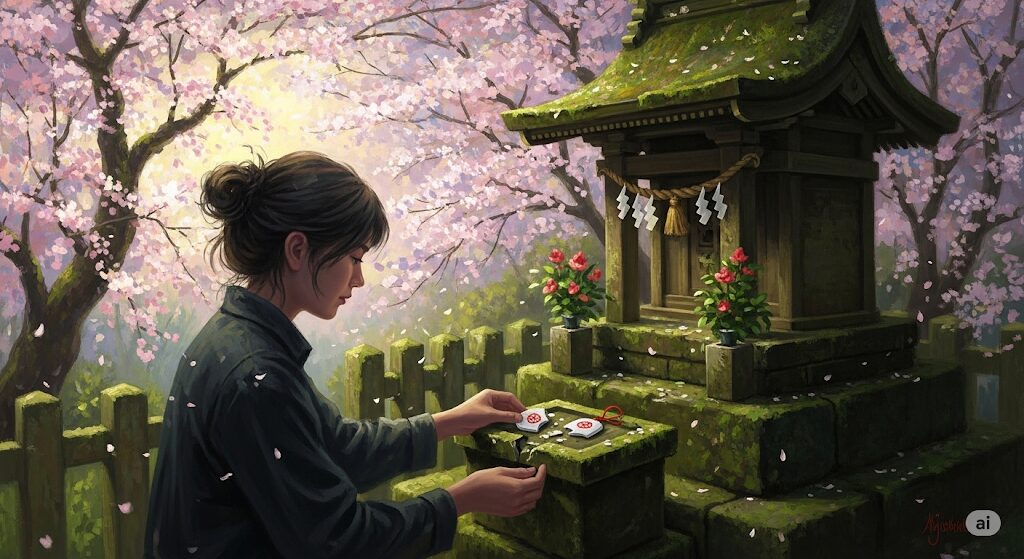 切れたお守りを神社に返納する様子と、感謝の気持ちを象徴する柔らかな光