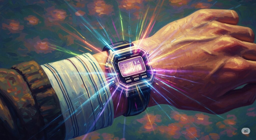  腕時計の電波時計が持ち主の波動に影響されて狂う様子を、カラフルなオーラで表現したイラスト。