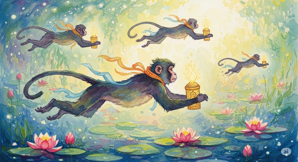 神の使いとしての野生の猿を描いたスピリチュアルな水彩画。知恵と厄除けの象徴として、光る灯籠を手に持ち、蓮の上を飛び交う猿の姿。