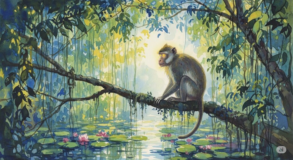 金運上昇のサインである野生の猿との遭遇をイメージしたスピリチュアルな水彩画。黄金色のオーラに包まれた猿が、神々しく枝に座っている。