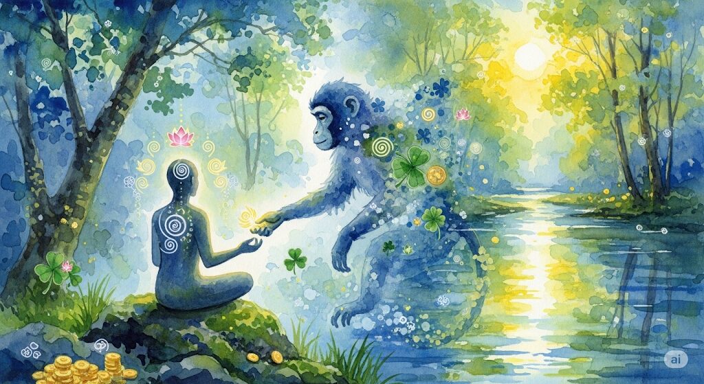 野生の猿との遭遇で運気を上げる心構えを表現したスピリチュアルな水彩画。瞑想する人物が、幸運の象徴である四つ葉のクローバーを猿から受け取っている。